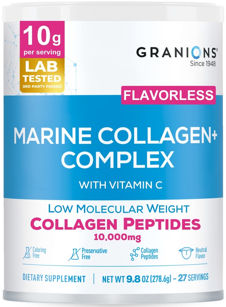 Poudre de collagène marine non aromatisée - 10g de Peptides de collagène hydrolysés de type I avec de la vitamine C d'acérola naturelle Antioxydant - Vitamines de cheveux, de peau, de ongles pour les femmes et les hommes- Supplément beauté pro-âge - 9,8oz