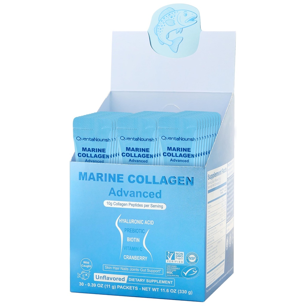 Peptides de collagènes marins, peptides de collagènes non enrichis en OGM, avec vitamine C, acide hyaluronique et biotine, paquets de voyage non aromatisés certifiés par le SMC, 11g, 30 paquets individuels
