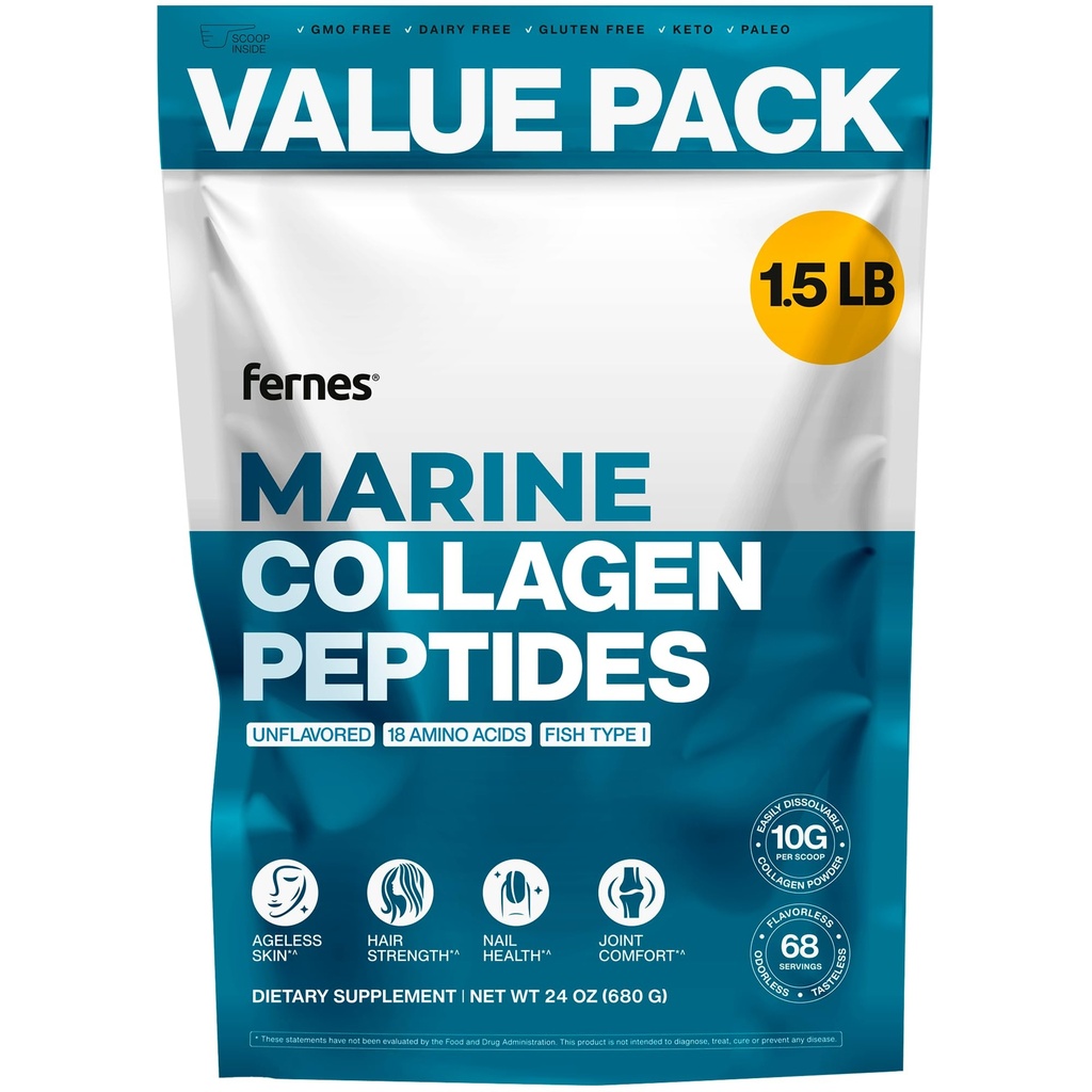 Peptides de collagène marin pour les femmes Hommes (1.5LB) Poisson Type I Sans saveur et sans odorat Easy-Mix Hydrolyzed Protéine articulaire Peau Wound Healing & Nail Support Sans gluten sans OGM Keto Paleo Kosher