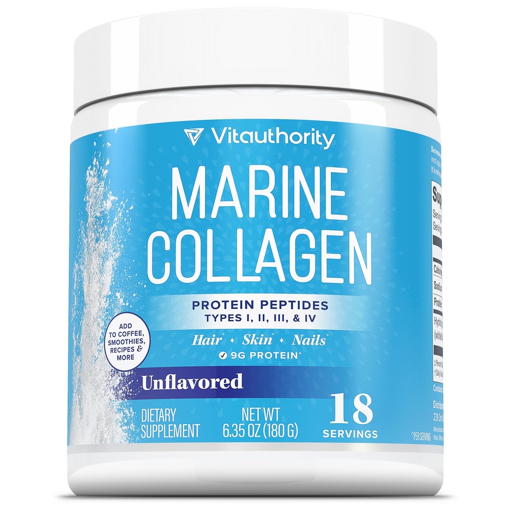 Vitauthority Marine Collagen Peptides Supplément en poudre de poisson hydrolysé Collagen Peptides de poisson de 10 000mg par scoop, 9g Protéines, peau, cheveux, ongles De source durable Whitefish