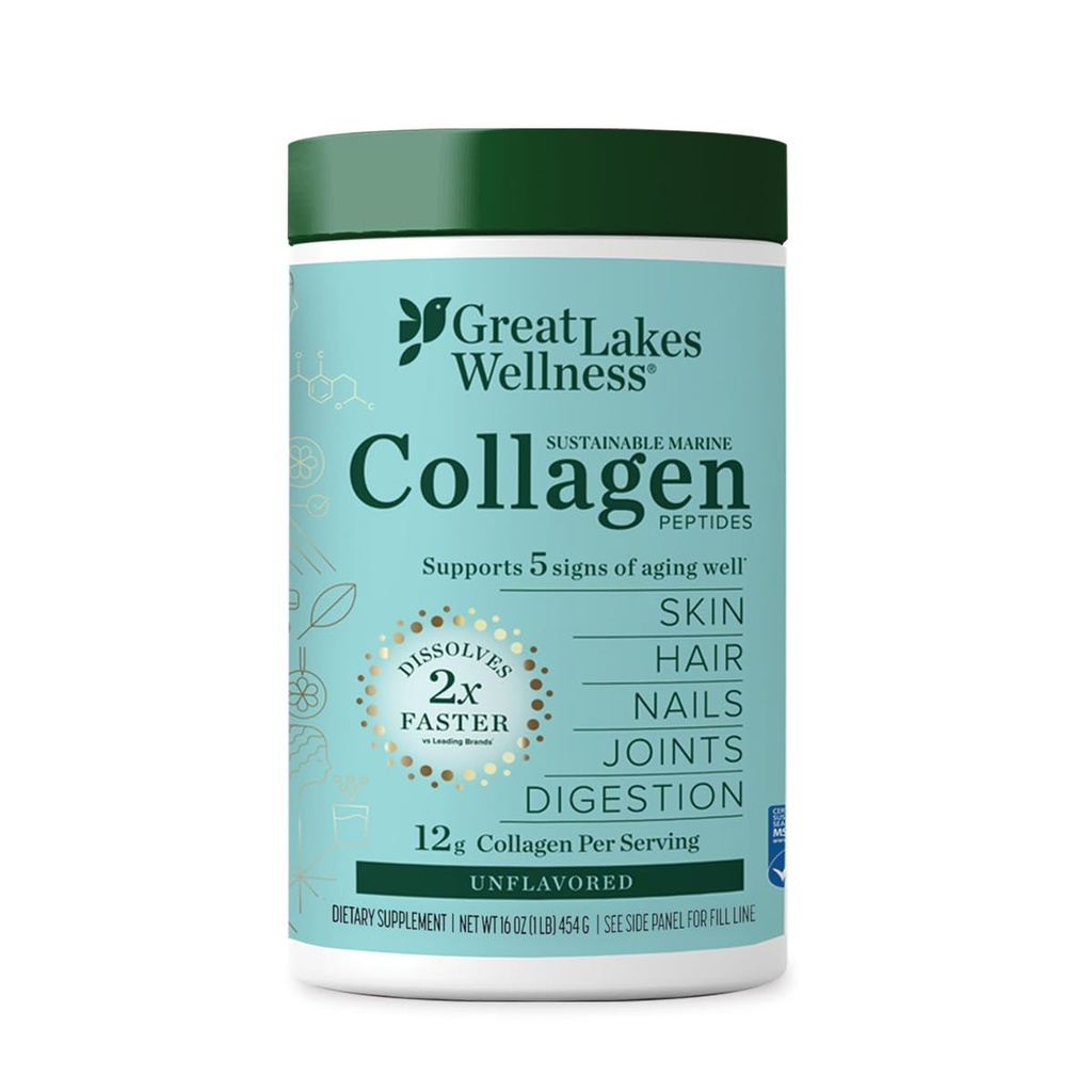 Grands Lacs Bien-être Les peptides de collagène marin durables - Certifié par le MSC sauvage - Poudre hydrolysée non aromatisée de protéines - Soutien de la peau, des cheveux, des ongles, des articulations et de la digestion - iGen Non-OGM - 16 oz