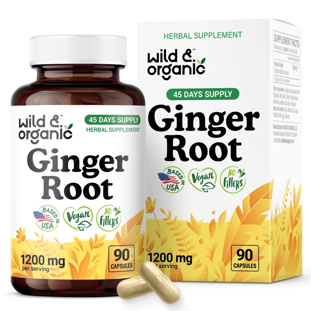 Wild & Organic Ginger Root Capsules 1200 mg - Support immunitaire et digestif - Suppléments naturels de gingembre - Zingiber Officinale Poudre - 45 jours d'approvisionnement - Vegan, Pas de remplissage, Non-OGM - 90 Compte