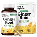 Wild & Organic Ginger Root Capsules 1200 mg - Support immunitaire et digestif - Suppléments naturels de gingembre - Zingiber Officinale Poudre - 45 jours d'approvisionnement - Vegan, Pas de remplissage, Non-OGM - 90 Compte