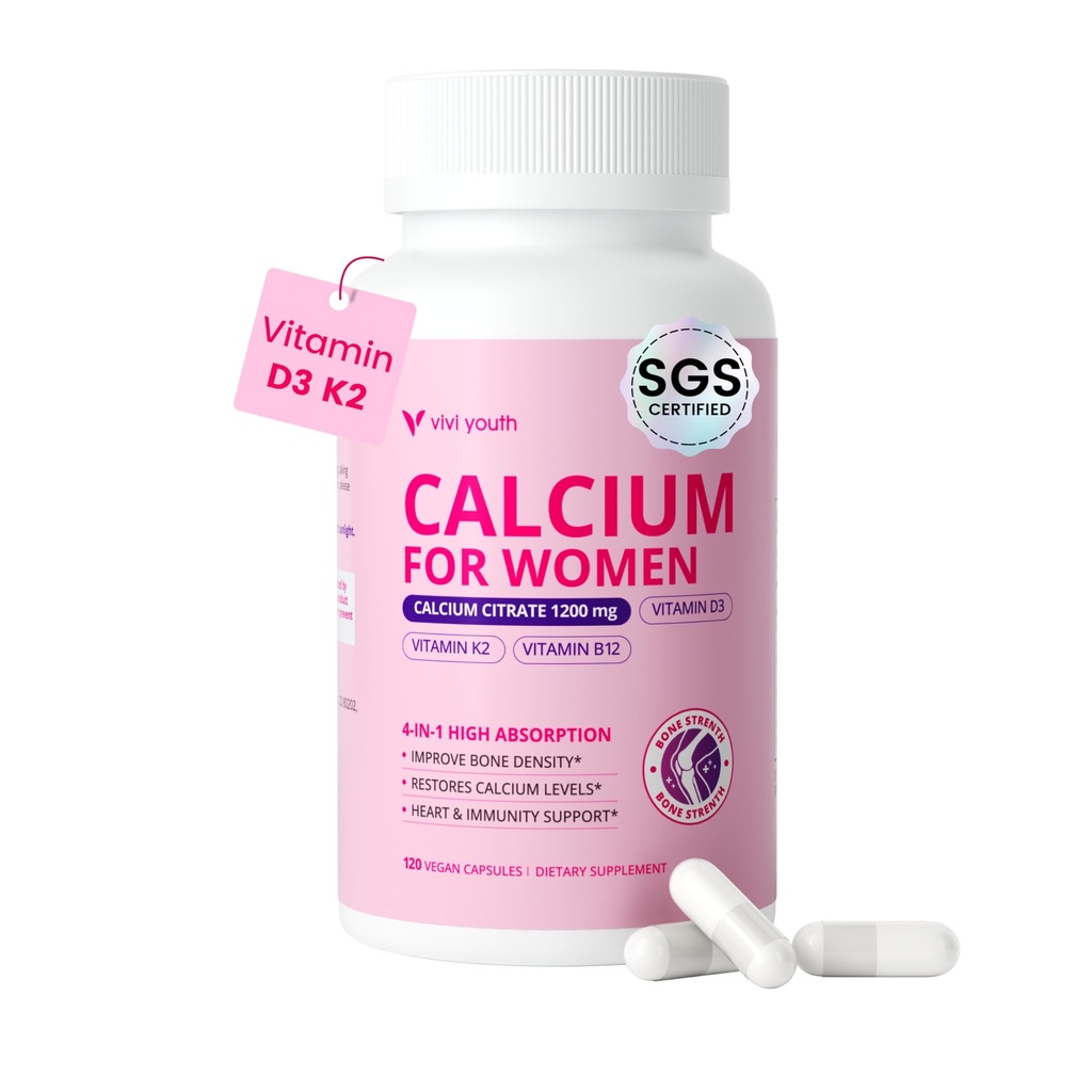 Calcium Supplements for Women - 4-In-1 Calcium Citrate 1200 mg with Vitamin D3 K2, B12 - High Absorption Calcium Citrate & Carbonate for Bone Density & Strength, Non-GMO, 120 Vegan Capsules
