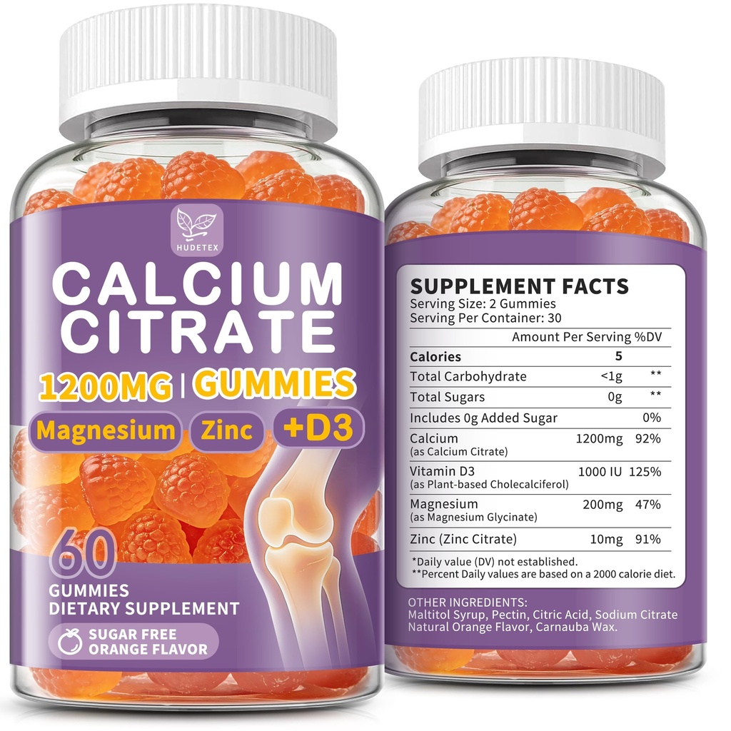 (2 Pack) Citrate de calcium 1200 mg pour les femmes Hommes,Calcium Magnésium Zinc Vitamine D3 Gummies, Supplément haute absorption Calcium Chews pour os, dents et muscles sains, sans sucre, végétalien,non-OGM,arôme orange
