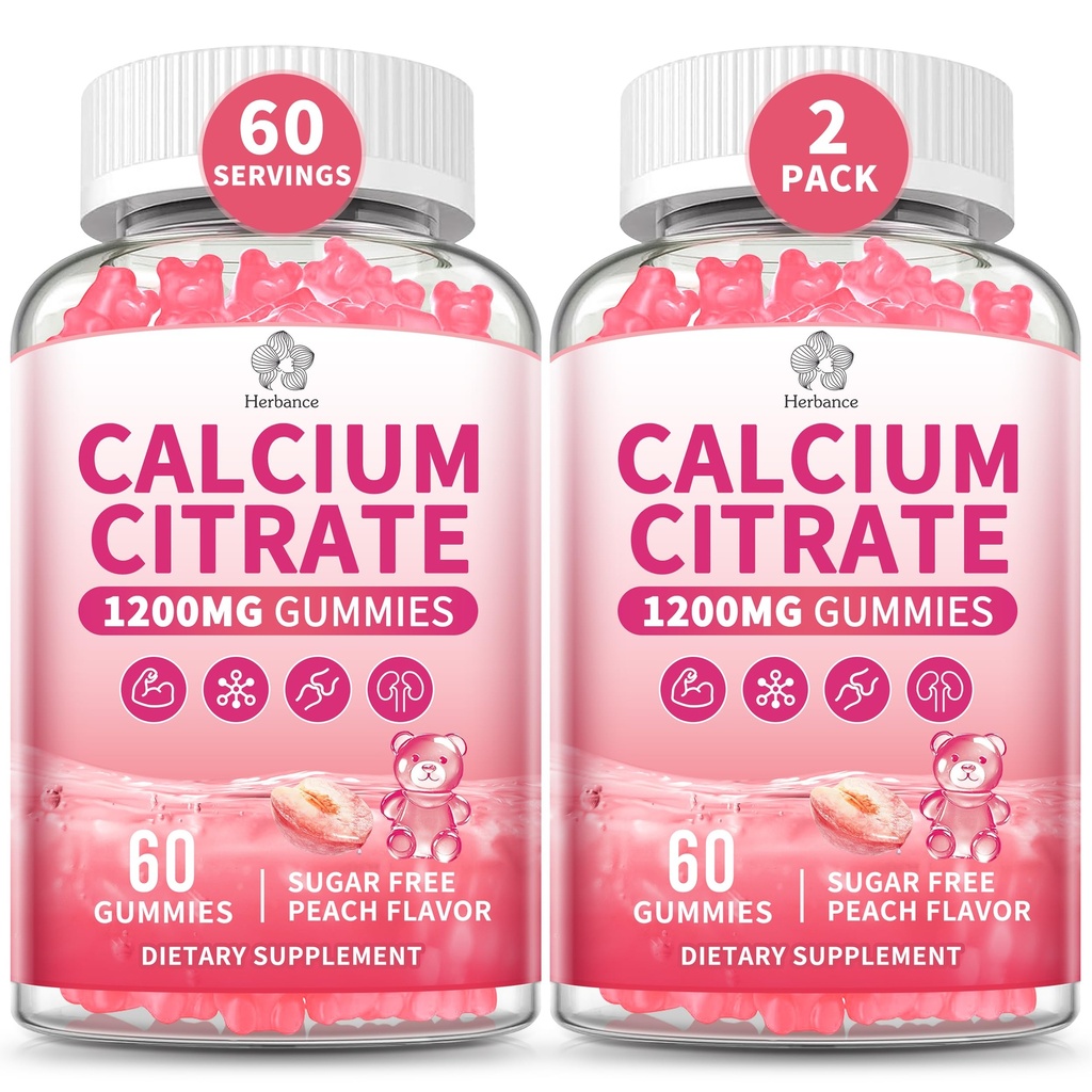 Citrate de calcium pur 1200 mg Gummies pour adultes, Suppléments de calcium à haute absorption pour les femmes et les hommes, sans sucre, sans OGM, sans gluten, soutient les os, les dents, Muscle & Immune - Peach Flavor