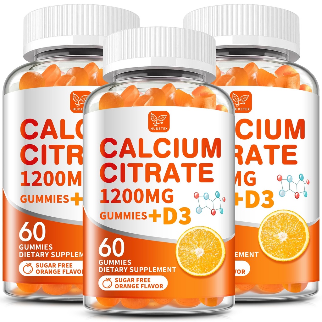 (3 Pack) Citrate de calcium 1200 mg avec vitamine D3 Gummies pour les femmes et les hommes, Suppléments de calcium, Haute absorption pour les muscles osseux sains - Facile à digérer, sans sucre, Vegan,Orang Flavor, 60 jours d'approvisionnement