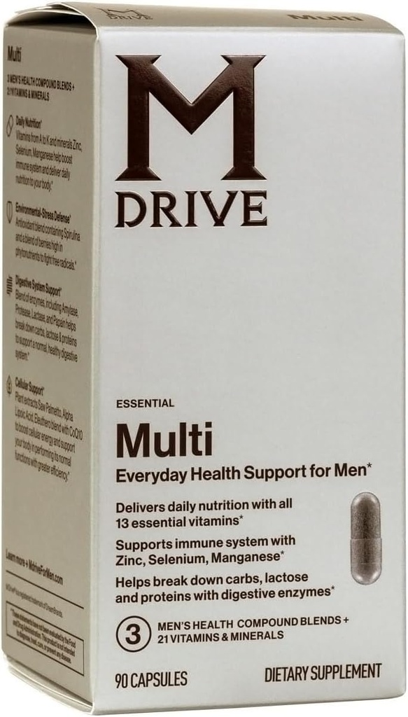 Multivitamine Mdrive pour les hommes, Multivitamine quotidienne - Immune Health Support du zinc, du sélénium, du manganèse et de la vitamine D, enzymes pour le soutien digestif, CoQ10 pour l'énergie et la vitamine K2, 90 capsules