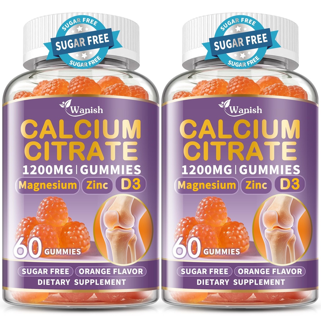 (2 Pack) Citrate de calcium 1200 mg pour les femmes,Calcium Magnésium Zinc Vitamine D3 Gummies, Supplément haute absorption Calcium Chews pour os, dents et muscles sains, sans sucre, végétalien,non-OGM,arôme orange