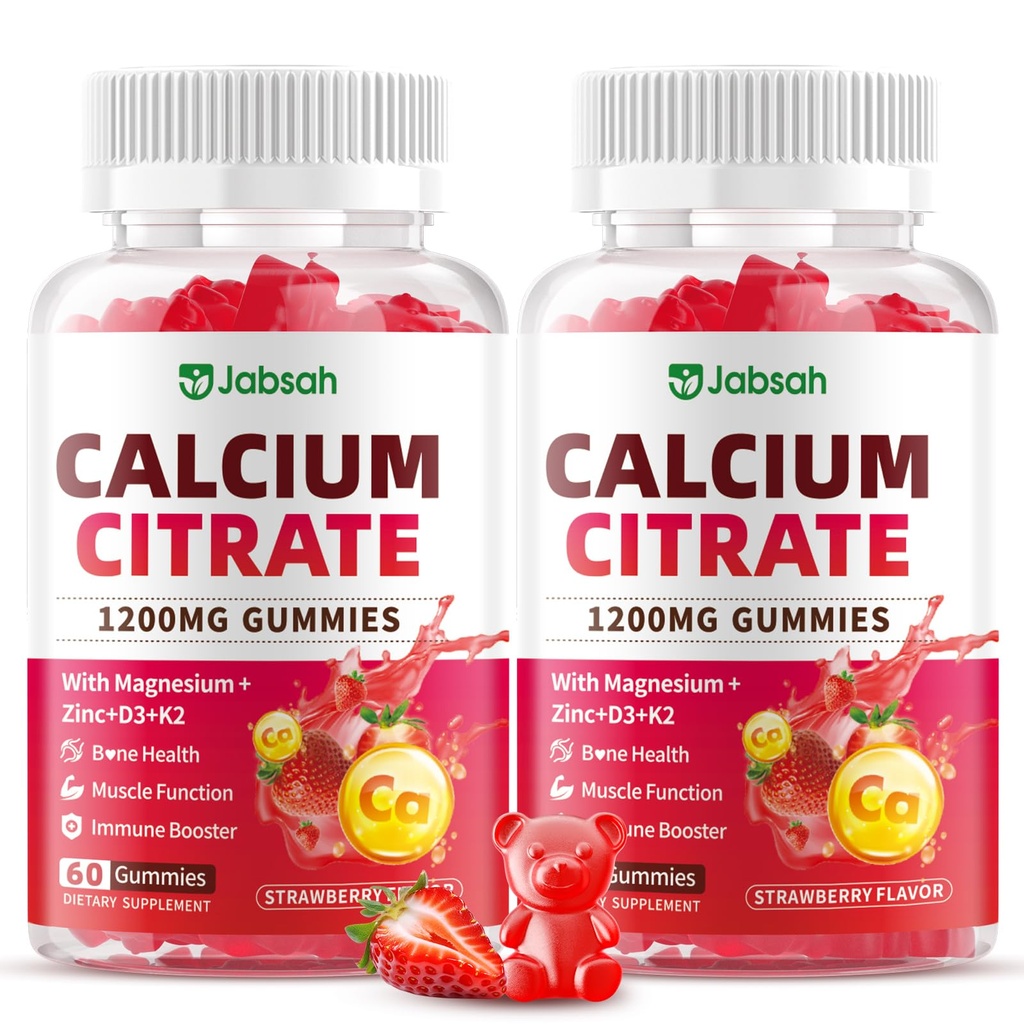 Citrate de calcium Gommies 1200mg, Suppléments de calcium à haute absorption avec vitamine D3, K2, Magnésium, Zinc pour os, Muscle et Immunissance, Gommies de calcium pour femmes et hommes, Fraise Flavor 120 Comte