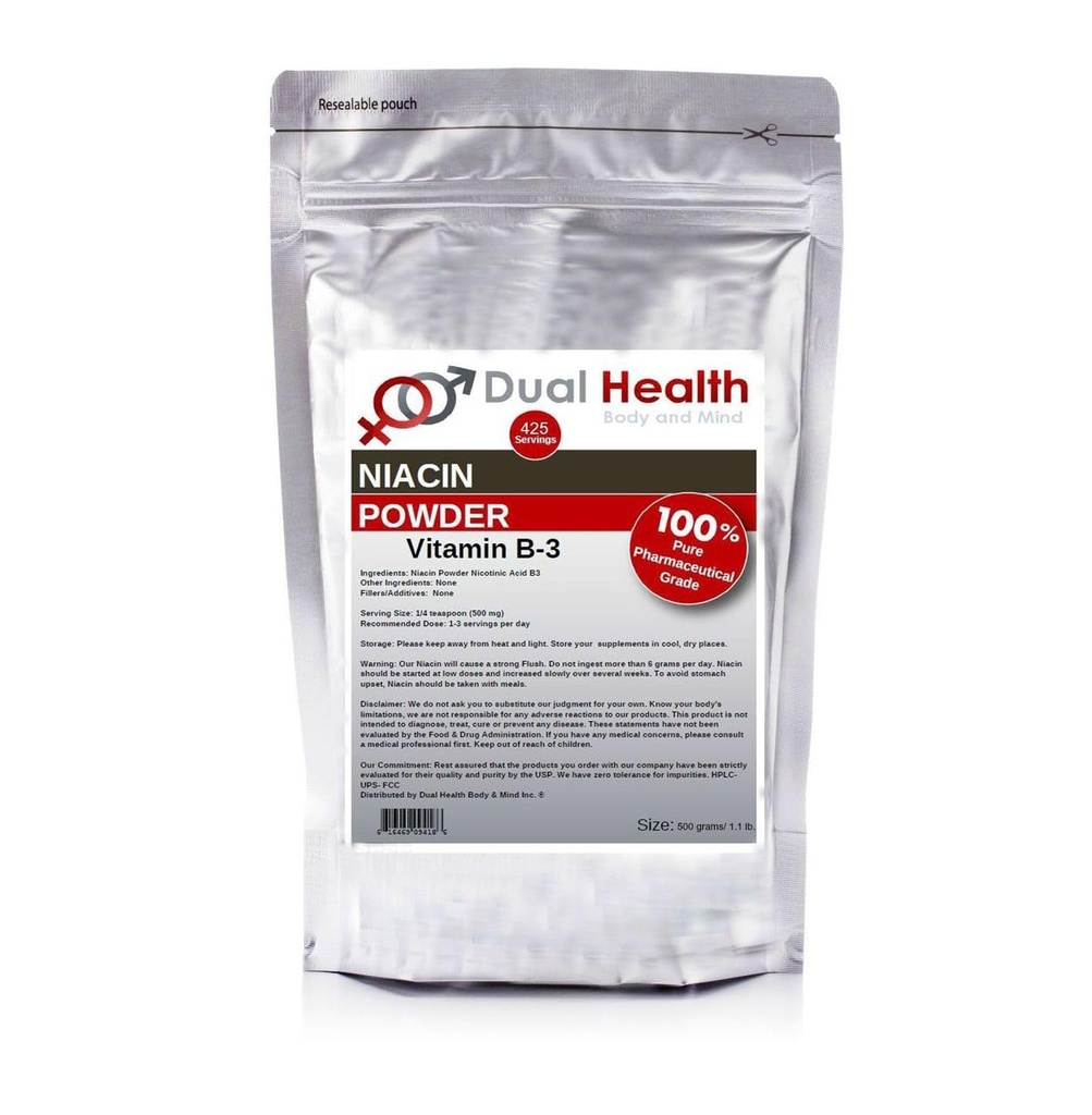 Poudre de niacine (500g - 1,1 lb) Supplément vitamine B3 Libération immédiate Niacine avec acide nicotinique flush Non-OGM, végétalien, sans gluten Absorption rapide Pas d'OGM, remplisseurs, additifs, métaux lourds