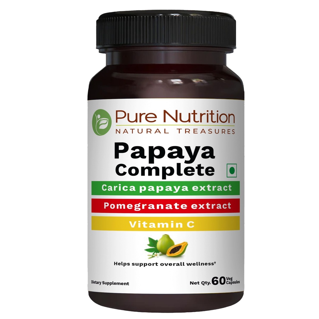 Pure Nutrition Papaya Complete - 60 gélules (supporte l'immunité et la digestion des plaquettes) Chaque gélule contient 500mg Carica Papaya Fruit et extrait de feuille. Sans gluten