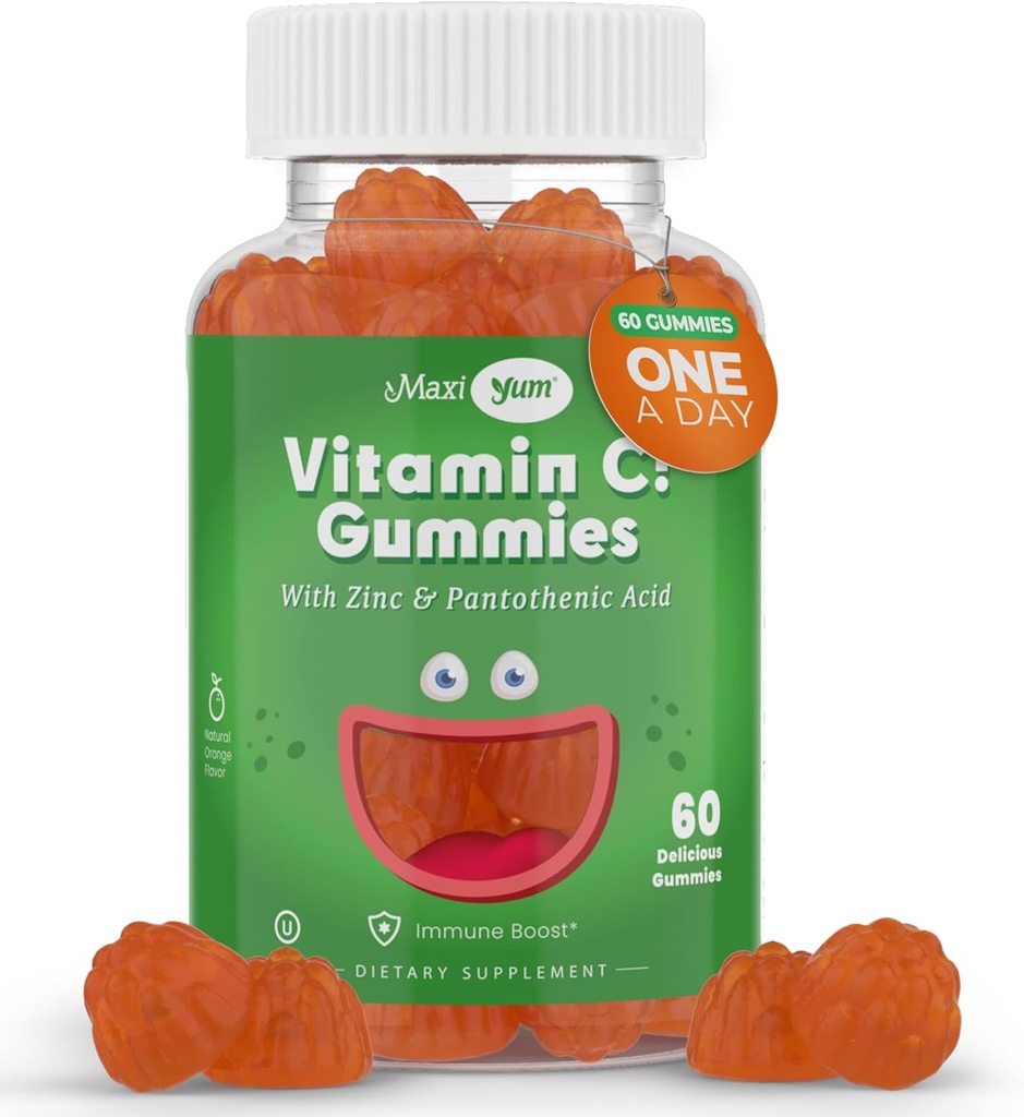 Maxi-Santé Vitamine C Gommies avec Zinc - Maxi-Santé Vitamine C avec Zinc pour les enfants et les adultes - Support respiratoire et amplificateur - Pas de conservateurs et arômes artificiels - 60 Gommies en forme de fruits