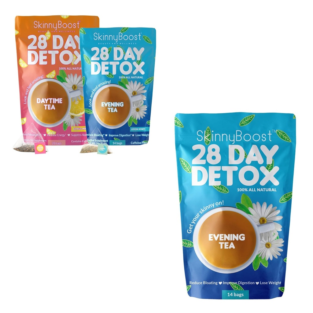 SkinnyBoost 28-Day Detox Tea Kit & Evening Detox Tea | Daytime & Nighttime Cleanse | Green Tea, Herbal Blend | Supports Digestion & Bloating Relief | Non-GMO, Vegan