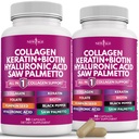 NOUVELLE AGE Pilules de collagène Biotine Sciure de kératine Palmetto Acide hyaluronique - Vitamine E Acide folique Semence de citrouille MSM - 90 Compte (paquet de 2)
