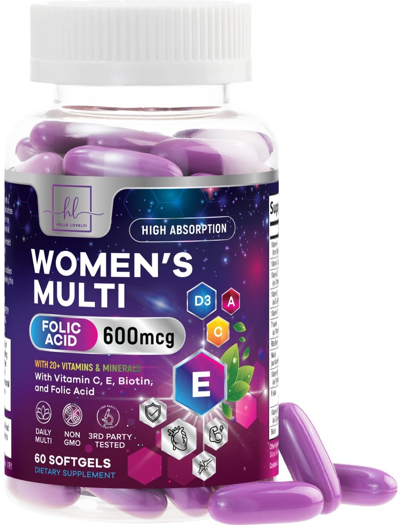 Multivitamines pour les femmes - Multivitamines quotidiennes complètes pour les femmes avec biotine, calcium, acide folique, fer, zinc, vitamine A, C, D, E & B Vitamines, peau de cheveux et ongles pour femmes - 60 Softgels
