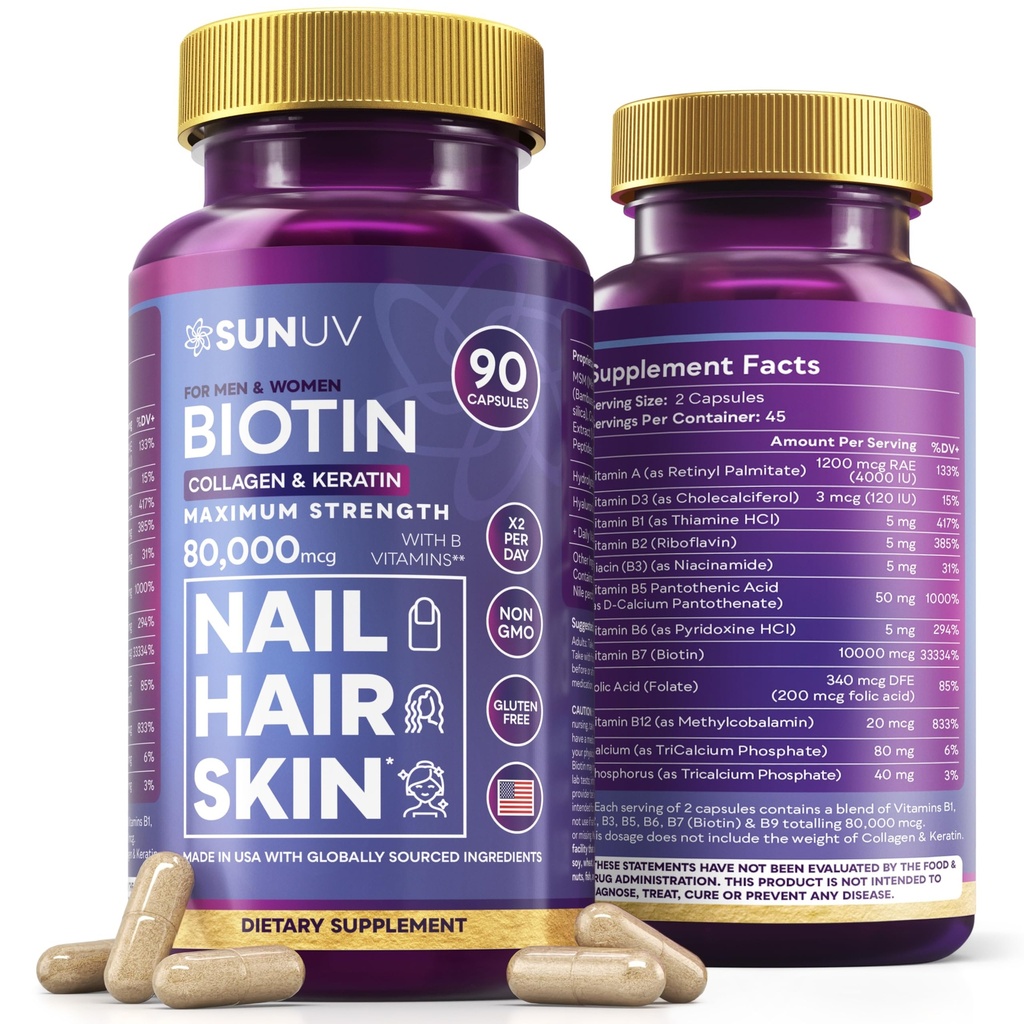 SUNUV Biotine 10 000 mcg , collagène , kératin , acide hyaluronique - 80 000 mcg Vitamines de croissance des cheveux pour la peau et les ongles Soutien - Femmes et hommes - Vitamines B1,B2,B3,B5,B6,B9,B12 -Fabriqué aux États-Unis-90 Capsules