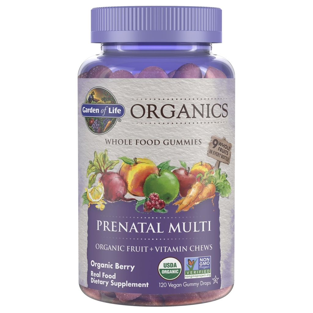 Jardin de la vie Organiques Gommies prénatales Multivitamine avec vitamine D3, B6, B12, C & Folate pour un développement foetal sain – biologique, non-OGM, sans gluten, végétalien, saveur de baies, 30 jours d'approvisionnement (paquet de 6)