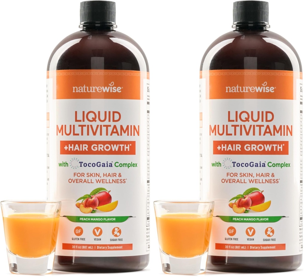 NatureWise Multivitamine liquide croissance des cheveux pour les femmes et les hommes + Tocogaia® pour la croissance des cheveux et l'élasticité de la peau support + biotine, vitamine D, E, B - sans sucre, végétalien - 30 fl oz[30 portions], (paquet de 2)