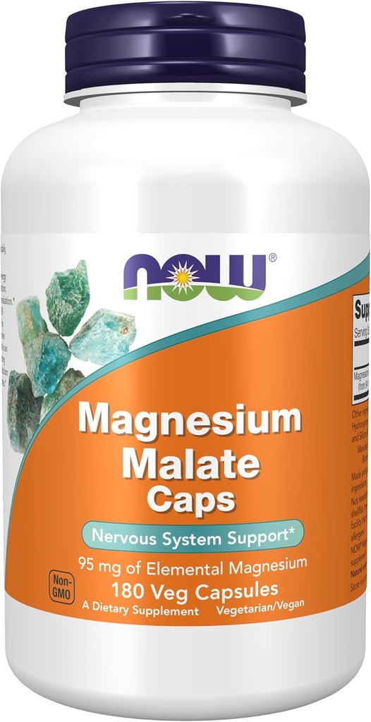 MAINTENANT compléments alimentaires, bouchons de malate de magnésium contenant 95 mg de magnésium élémentaire, support du système nerveux*, 180 capsules de légumes