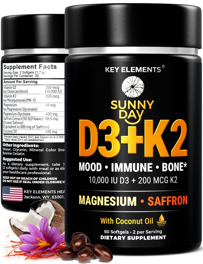 ÉLÉMENTS CLÉS Vitamine D3 K2 10,000 UI avec Glycinat de magnésium 400mg & Safran 88,5mg - Mood, Immune, Bone Health - Vitamine D et K (MK-7) 200mcg - Sans OGM, sans gluten pour les femmes et les hommes