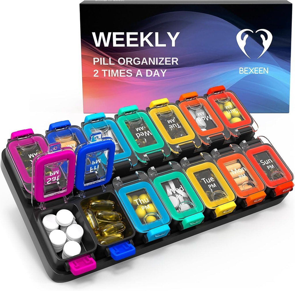 Extra Large Organisateur de pilules hebdomadaires 2 fois par jour - Pilule hermétique Boîte 7 jours - Am Pm Vitamine Case - Medica Conteneur de supplément de deux semaines Stockage quotidien des médicaments XL Trieuse à deux fois Med Mignon
