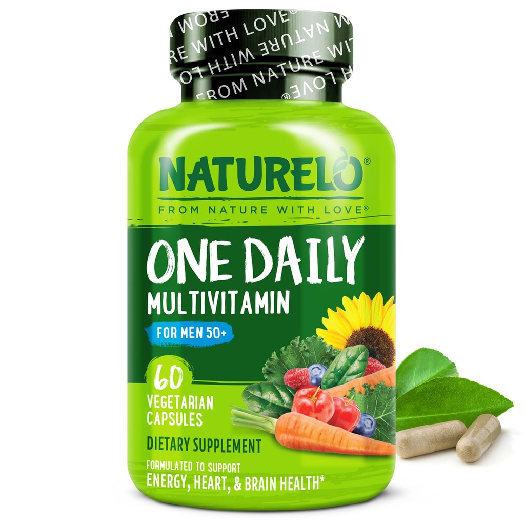 NATURELO Hommes Multivitamines pour les hommes 50+ - Une multivitamine quotidienne pour les hommes avec des vitamines, des minéraux et des aliments organiques entiers, stimuler l'énergie et la santé, non-OGM, 60 capsules végétariennes