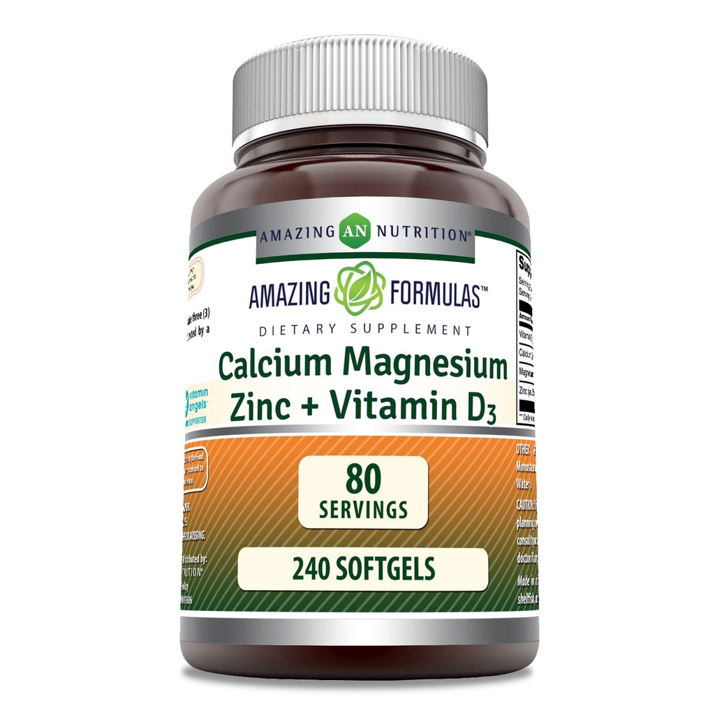 Formules étonnantes Calcium Magnésium Zinc D3 240 softgels Suppléments "Non-GMO" Sans gluten (paquet de 1)