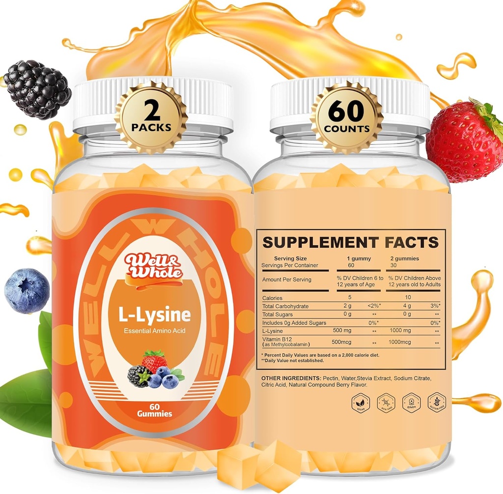 Gommies L-Lysine 1000mg - Suppléments L-Lysine pour enfants et adultes - Lèvres et plaies froides* Soutien aux femmes - Gommies Lysines à croquer avec vitamine B12 - Végétaux, non OGM, sans gluten, 120 comtes