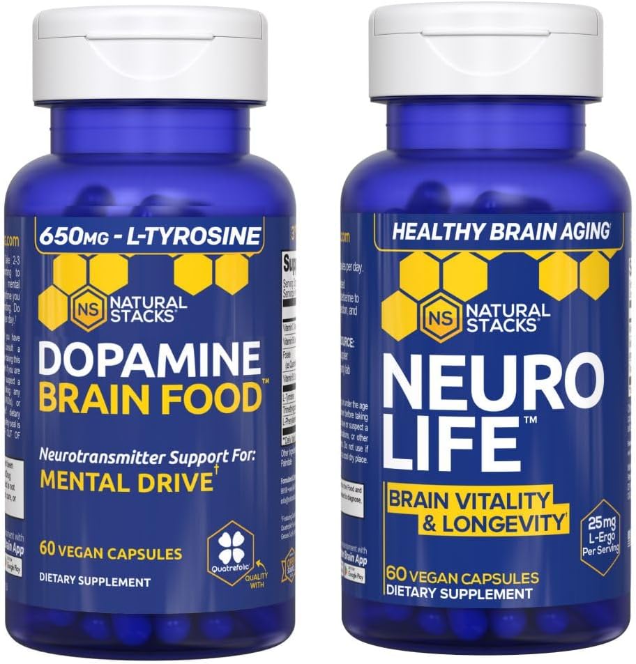 STACKS NATURAUX NeuroLife + Dopamine Brain Food Bundle - Soutient la motivation mentale et la longévité cérébrale* - 120 Capsules totales