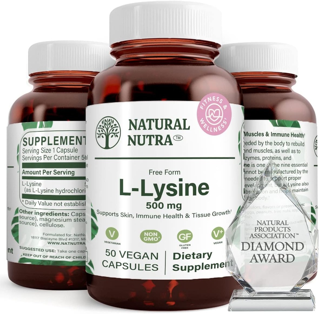 Nutra L naturel Lysine HCl, favorise la santé et la croissance osseuses, soutient la santé de la peau, améliore l'absorption de vitamine C, aide le collagène construit, améliore l'absorption de calcium, non-OGM, végétalien, 500 mg, 50 capsules.