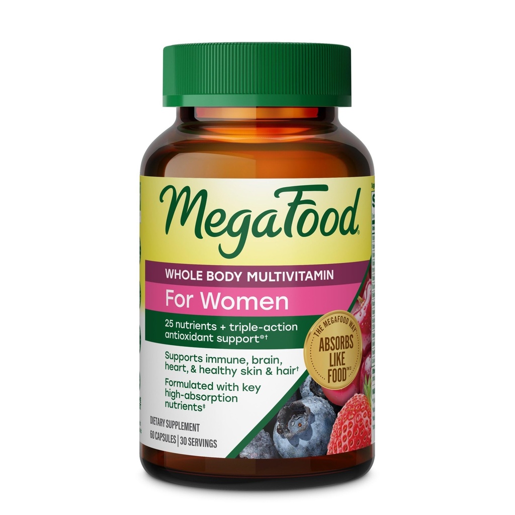 MegaFood Whole Body Womens Multivitamin - Multivitamin for Women - Vitamin D3 K2, Magnesium Citrate, Folate, Biotin, Iron - Brain, Heart, Skin & Hair & Immune Support - 60 Capsules, 30 Servings