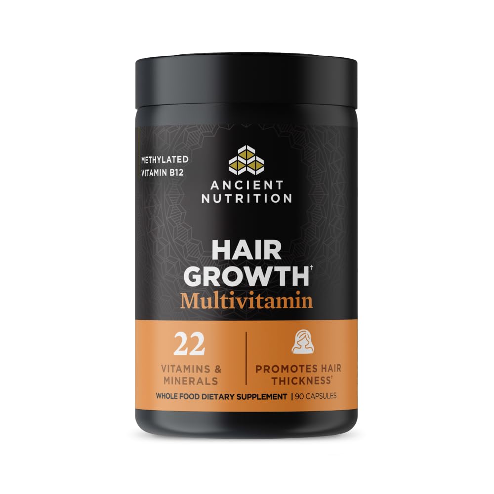Ancient Nutrition Hair Growth Multivitamin – Supports Thicker Hair, Less Shedding, Smoother Skin & Stronger Nails – with Solubilized Keratin, Powered by Peptides, 22 Vitamins & Minerals – 30 Servings