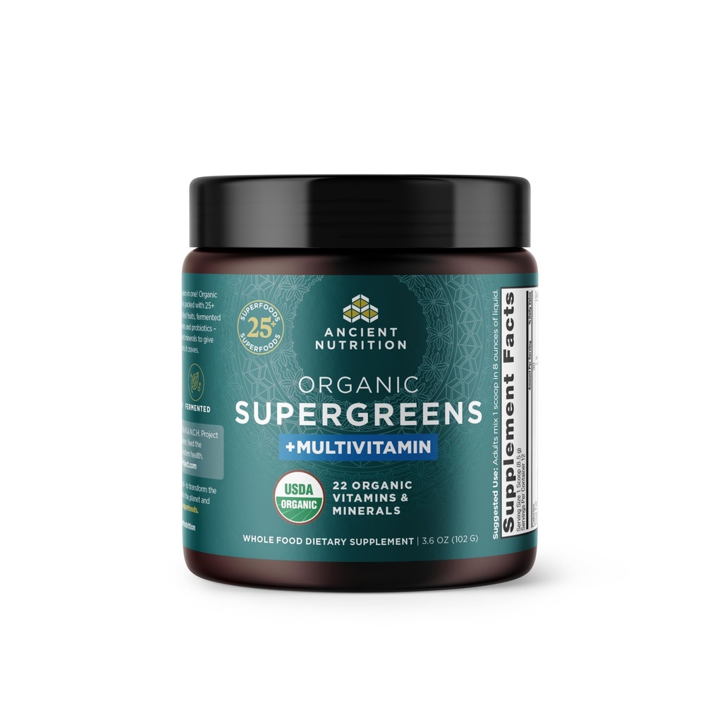 Ancient Nutrition Organic SuperGreens Powder with Probiotics, Organic Multivitamin Greens, Made from Real Fruits, Vegetables and Herbs, Digestive and Energy Support, 12 Servings, 3.6oz
