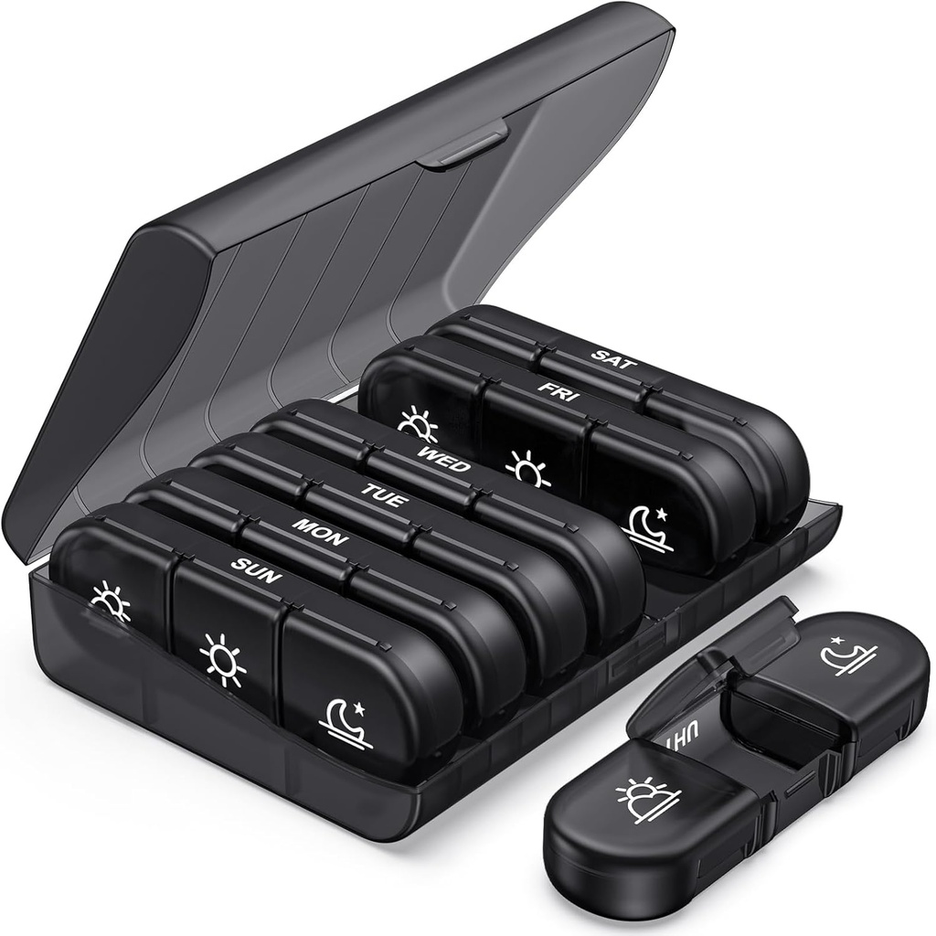 PULIV Organisateur hebdomadaire de pilules 3 fois par jour, Pill Box portable de voyage 7 jours avec grands contenants de pilules, cas de pilule à proof léger pour les vitamines, médicaments, suppléments et huiles de poisson (noir)