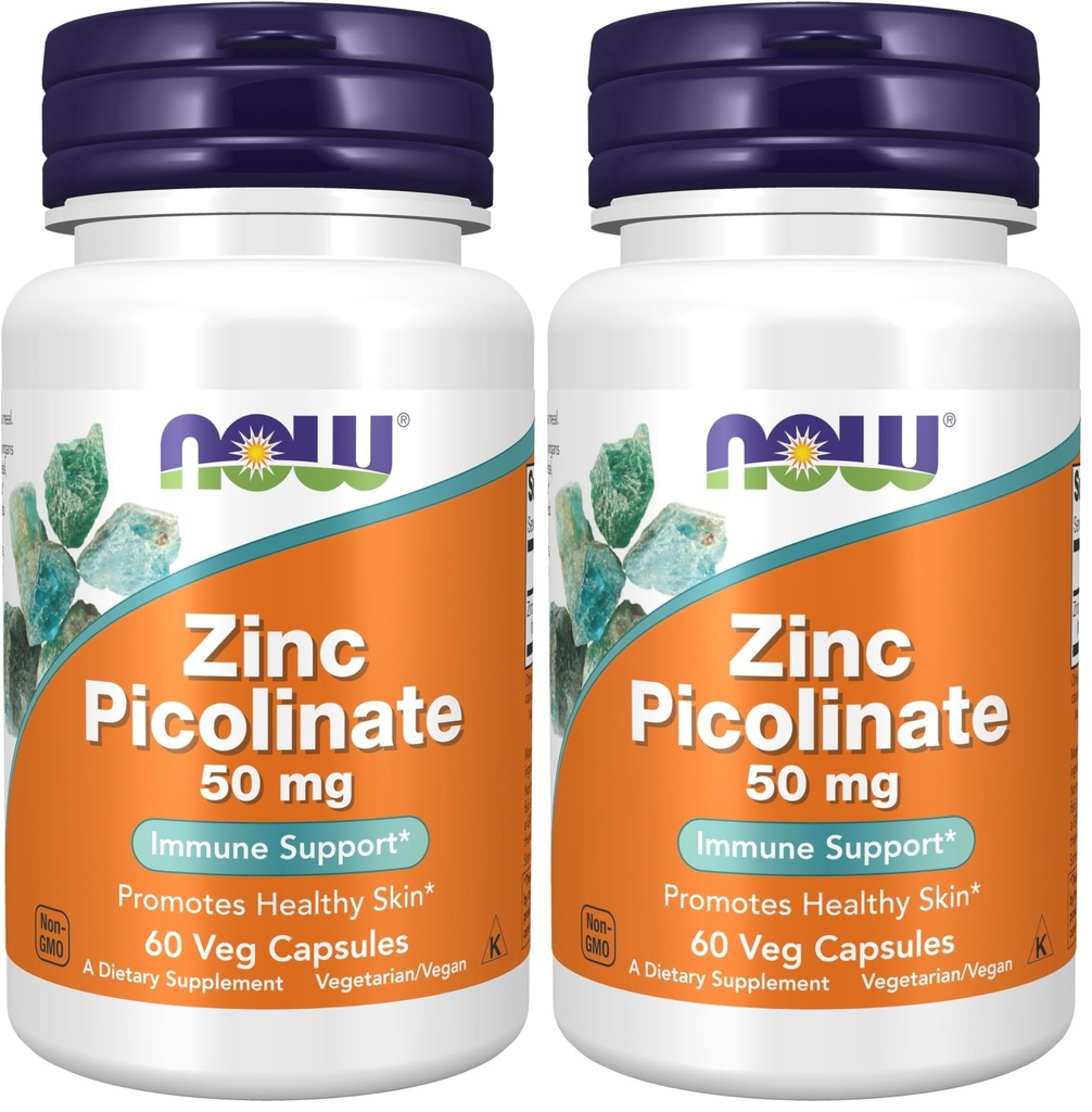 MAINTENANT Suppléments, Picolinate de zinc 50 mg, soutient les fonctions enzymatiques*, support immunitaire*, 60 capsules de légumes (paquet de 2)