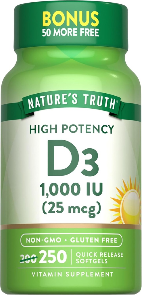 Nature's Truth D3 1000 IU | 250 Softgels | Essential Vitamin D | Non-GMO & Gluten Free Supplement