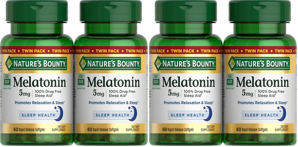 Nature's Bounty Melatonin 5mg, 100% sans médicament aide au sommeil, supplément alimentaire pour la relaxation et la santé du sommeil - 4 mois d'approvisionnement, 60 softgels à libération rapide Twin Pack (120ct) (Pack de 2)