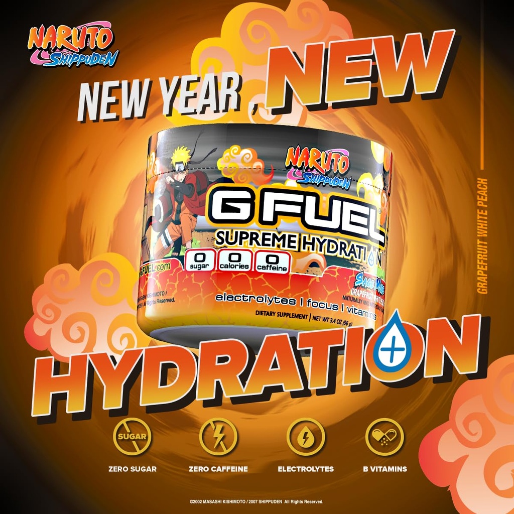 G Carburant Naruto Sage hydratation suprême, mélange de poudre d'électrolyte pour énergie et focus, supplément sans sucre et caféine avec vitamines et minéraux essentiels, pamplemousse blancPeach Flavor, 3,3 oz - 30 portions