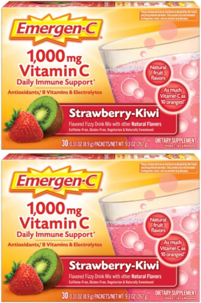 Emergen-C 1000mg Vitamine C Poudre, Fraise Kiwi Flavor, Antioxydants, B Vitamines et électrolytes, Suppléments de vitamine C pour le soutien immunitaire, 30 Compte (paquet de 2)