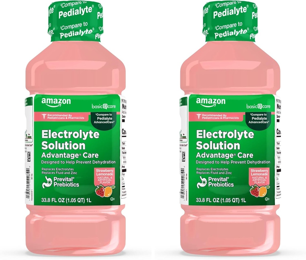 Soins de base Avantage Soin Electrolyte Solution avec Prébiotiques Prévitaux, Cimonade de Fraise, Boissons d'hydratation, Réapprovisionner Electrolytes, Fluide et Zinc, 33,8 Fl Oz (paquet de 2)