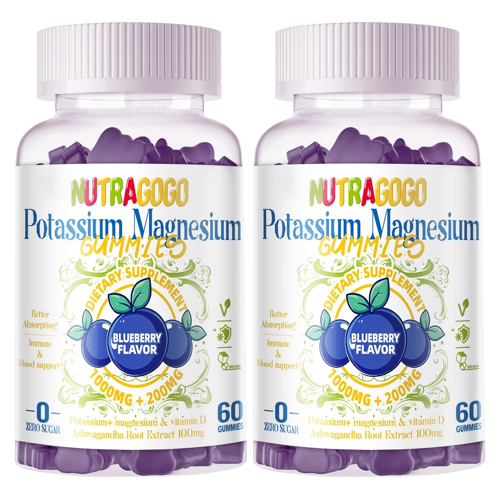 Potassium Magnesium Gummies,Potassium Supplement w/Ashwagandha,High Absorption Magnesium Glycinate,B6,D3,Potassium Citrate for Leg Cramps,Muscle,Electroyte for Adults Kids,Sugar-Free, 120 Gummies