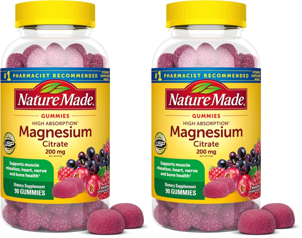 Nature faite haute absorption Citrate de magnésium 200 mg par portion, supplément de magnésium pour le muscle, Nerve, os et soutien cardiaque, 90 Gommies de magnésium, 45 jours d'approvisionnement, (paquet de 2)