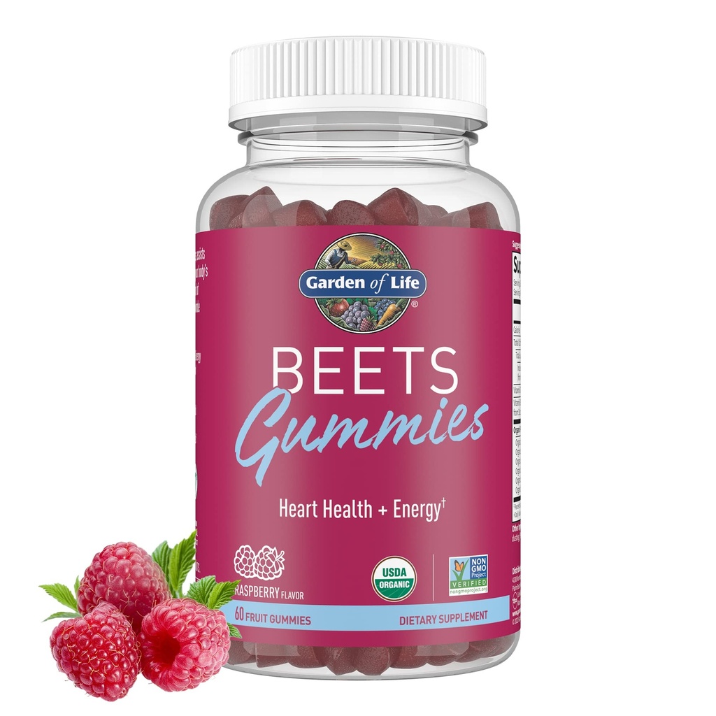 Jardin de la vie Gommies de racine de betterave biologique en Pectine avec des antioxydants, vitamine C, vitamine D & B12 pour la santé cardiaque et l'énergie – Gommies de betteraves – végétalien, sans gluten, non OGM, framboise, 30 portions
