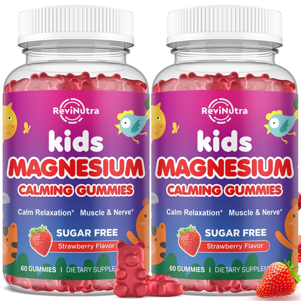 Gommies de 2 paquets de magnésium pour les enfants - Gommies de magnésium avec L-Theanine, Camomille, réglisse, vitamine B6, D pour les enfants et les adultes Sommeil, Relief musculaire et os de nerve - Fraise 120ct