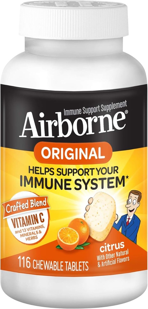 Airborne 1000mg Vitamine C + supplément de soutien immunitaire de zinc Comprimés à croquer, Arôme d'agrumes avec des antioxydants puissants Vitamines A C & E, 116 Comprimés à croquer (3 Pack)