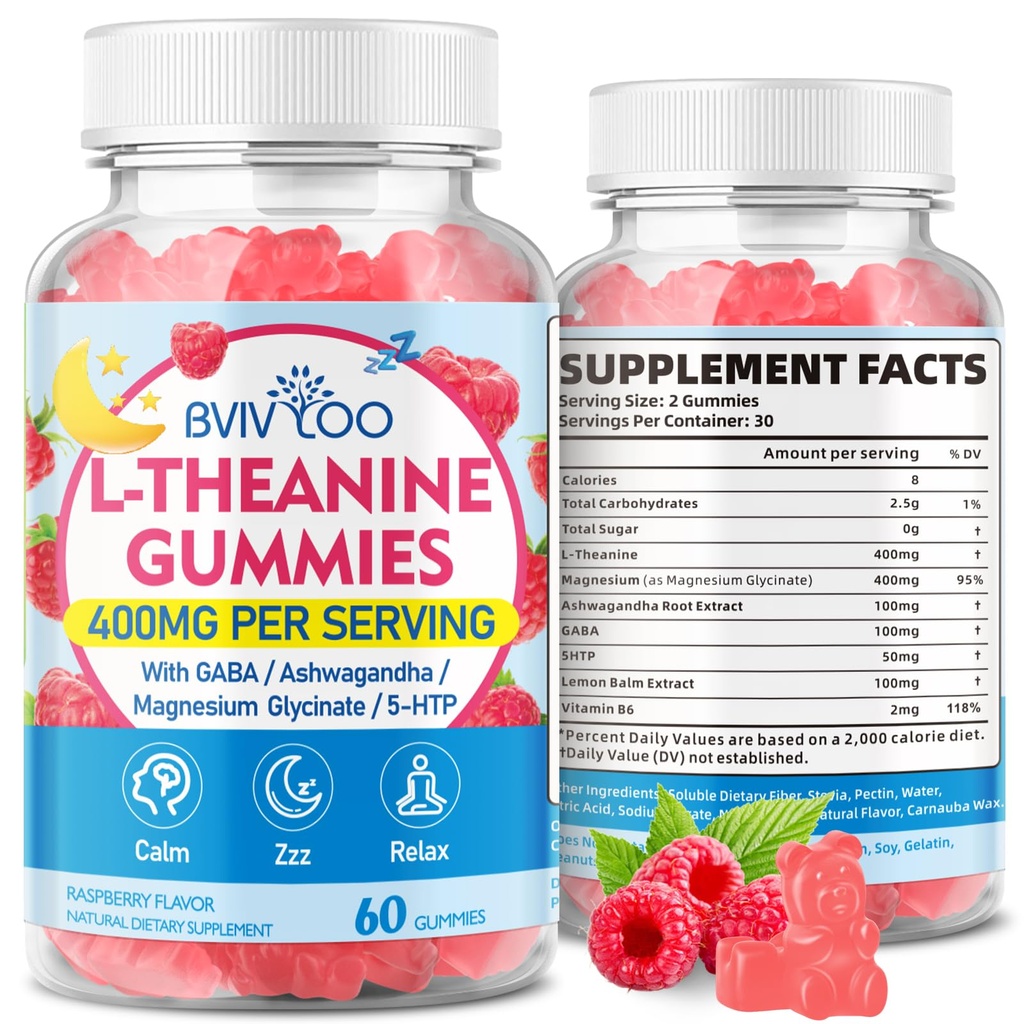 L-Theanine Gummies with L-Theanine 400 mg, Ashwagandha, GABA, 5-HTP, Magnesium Glycinate for Calm, ZZZ & Relaxation Support - Vegan, Raspberry Flavor, 60 Count