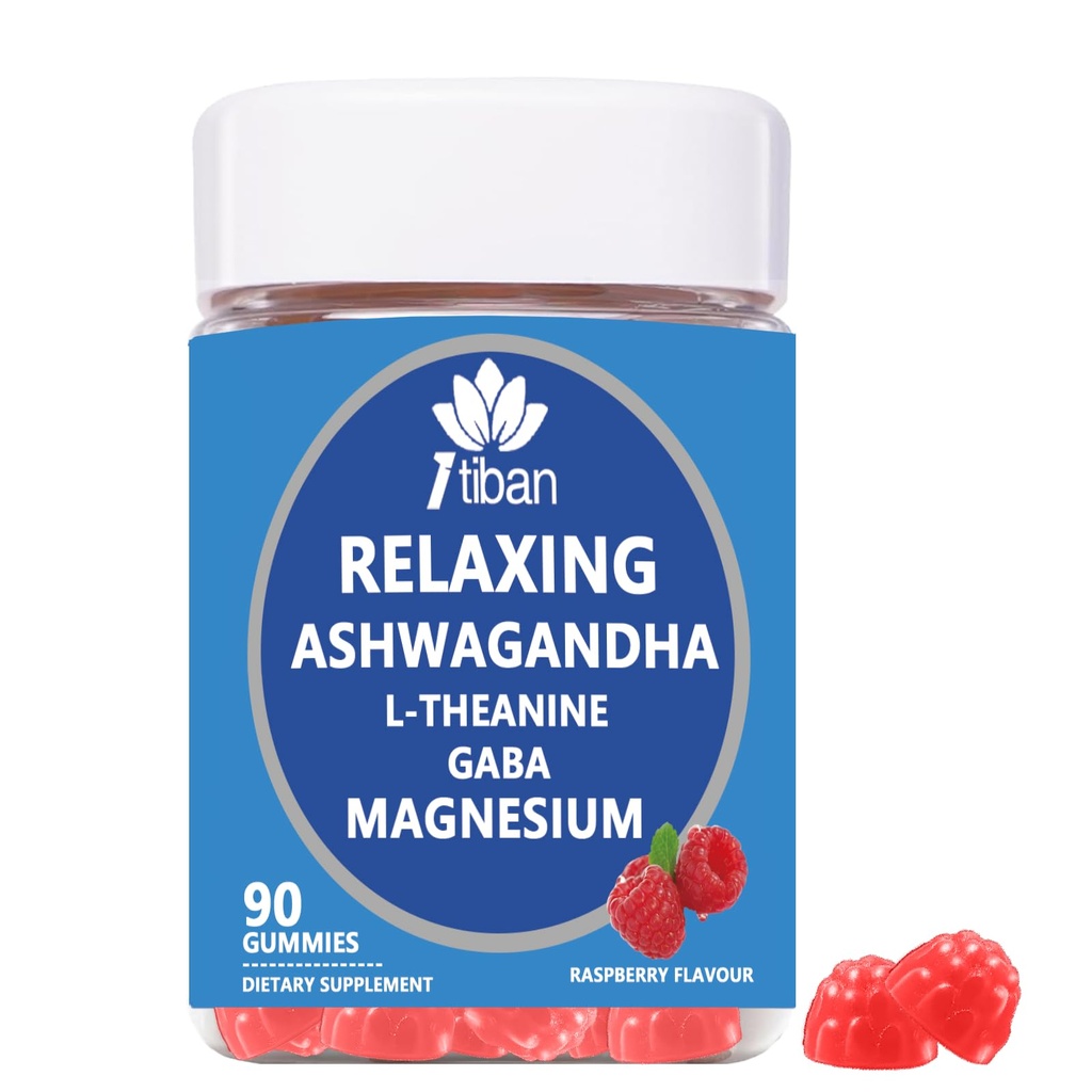 Suppléments de cortisol pour les femmes, Glycinate de magnésium calme, Ashwagandha, L-Theanine, GABA, D3, B6, Mood Anxiety Sommeil Relax, Raspberry Flavour, Vegan 90 Gummies