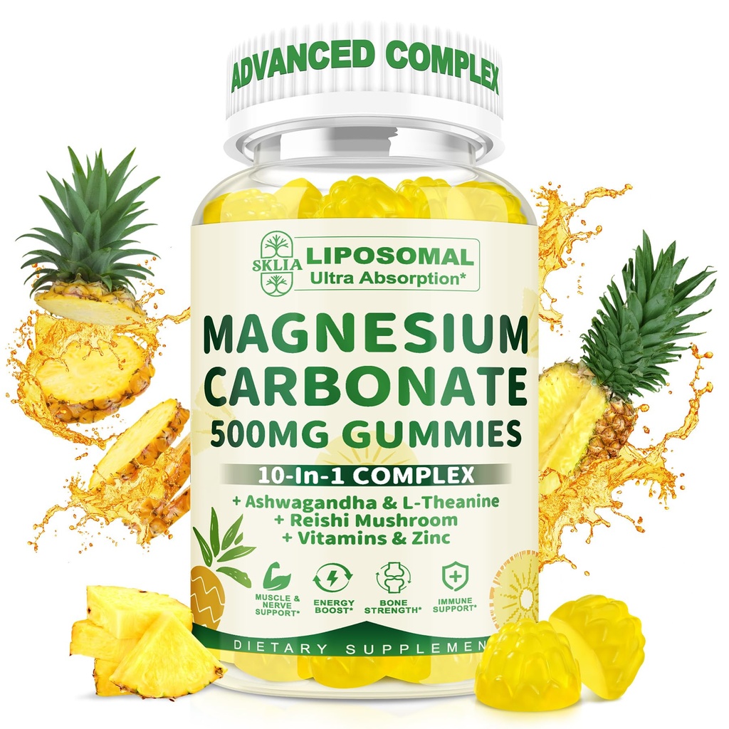 Liposomal Magnesium Carbonate Gummies 500 mg — Magnesium Supplement with Ashwagandha, L-Theanine, Calcium & Vitamin D3 for Muscle & Nerve Support, Sugar-Free Vegan Pineapple Flavor (60 Count) 1P