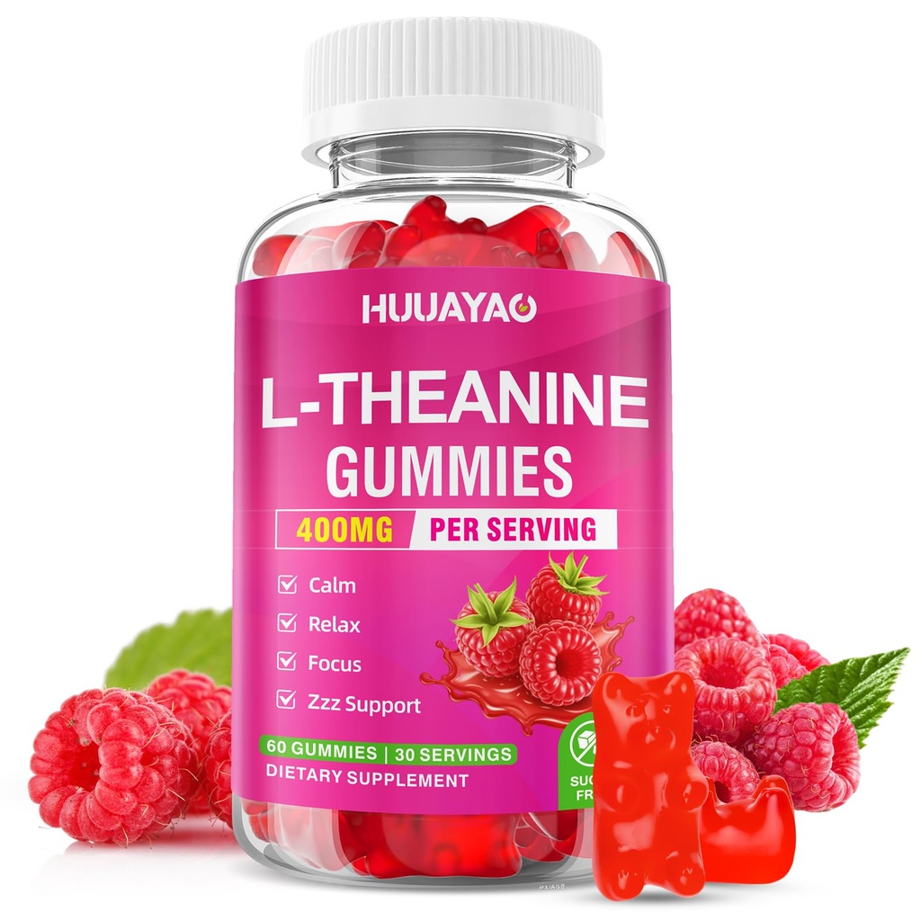 L-Theanine Gummies 400mg, L-Theanine Supplement for Kids & Adults with Ashwagandha, GABA, 5HTP for Calm, Zzz & Relaxation Support, Raspberry Flavor, 60 Counts